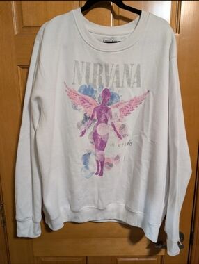 NIRVANA White Crewneck Sweatshirt with Pink & Blue Angel Graphic